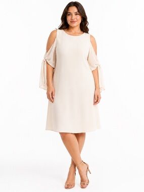 Neiman Marcus Cream Ivory Cold-Shoulder Midi Dress with Tie Sleeves Size 12